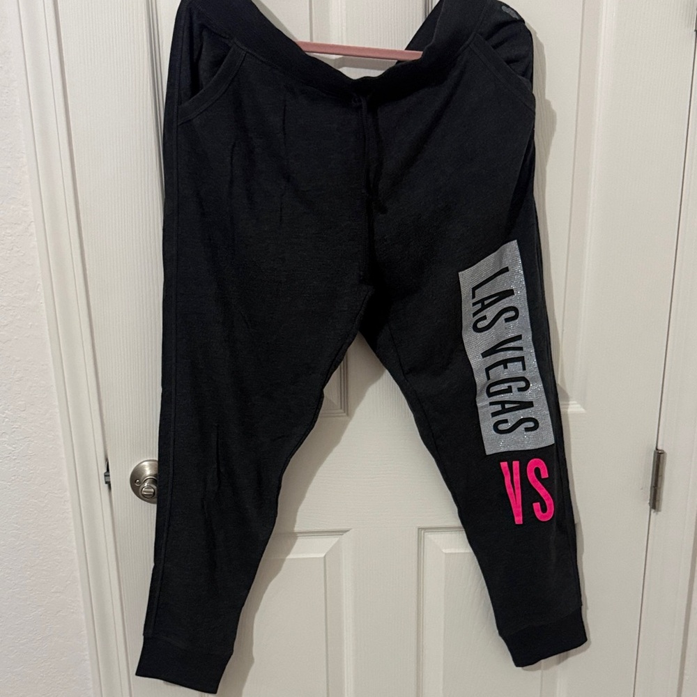 Victoria's Secret Black La Vegas Joggers with Pink and Gray Accents
